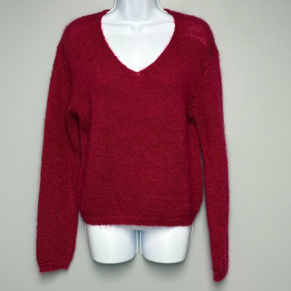 VTG Twiggy Mohair Blend Y2K Purple Pink Fuscia Soft Preppy V-Neck Sweater Sz L